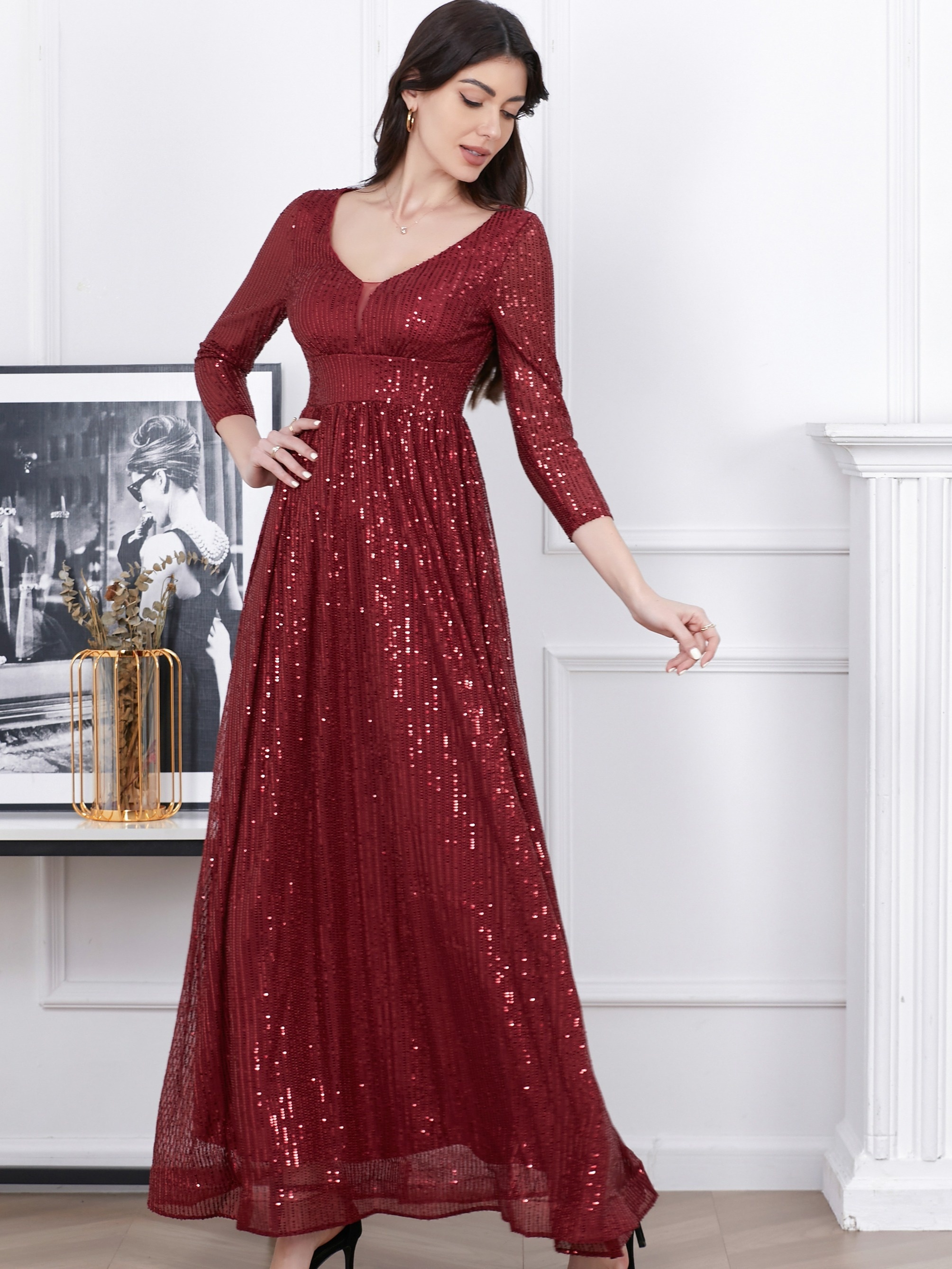 Sequin V Neck Maxi Dress Elegant 3/4 Sleeve Dress Party - Temu