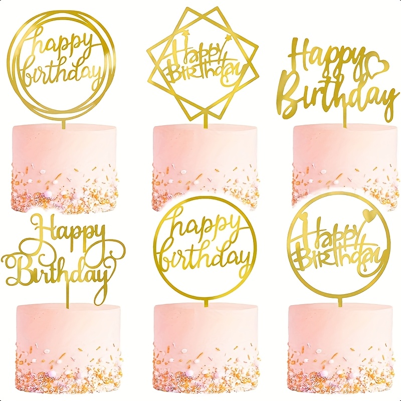 Image of 6pcs Set Of Golden Birthday Cake Toppers Double-sided Glitter Acrylic Birthday Cake Topper Decorations Cake Decorations Birthday Decorations, Halloween, Christmas