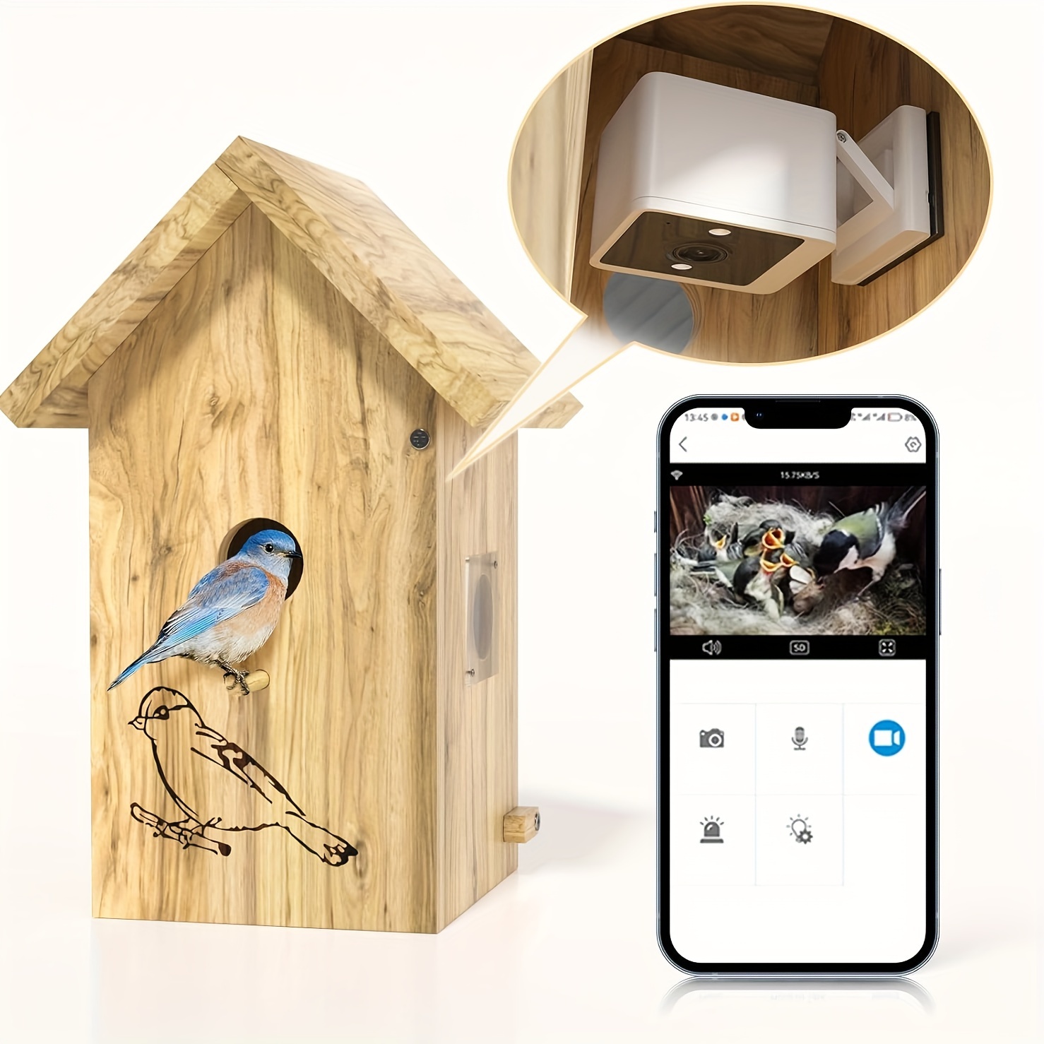 

The House: A Weatherproof Wooden For Outdoor Birds, Integrated With A 1080p Hd Wifi Camera And App Notifications, Complete With Nest-activated And Video Capture Capabilities With 64gb Tf Card