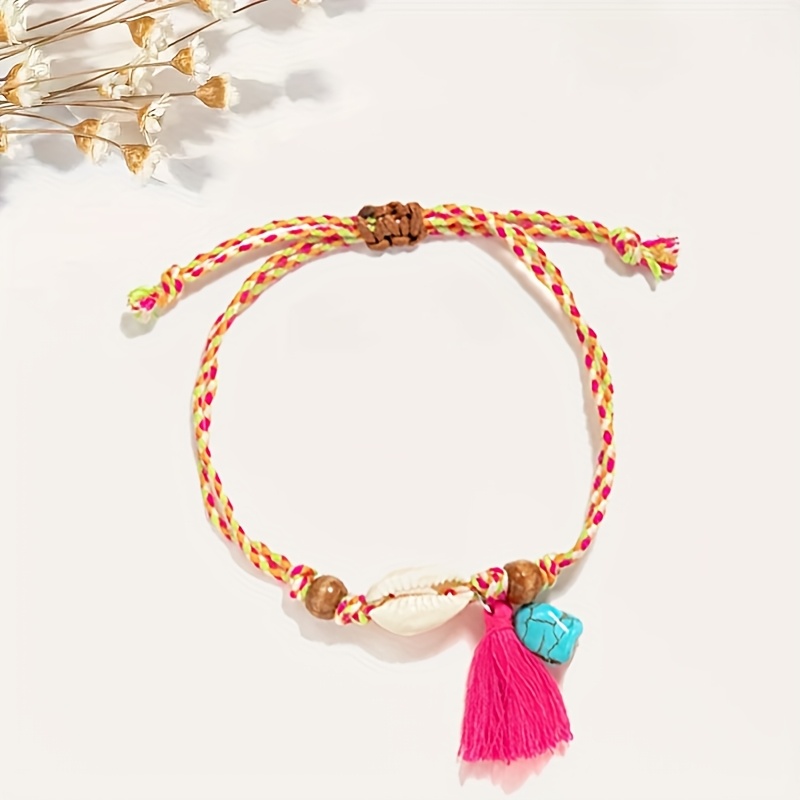 Women's Woven Anklet with Shell Tassel & Turquoise Pendant