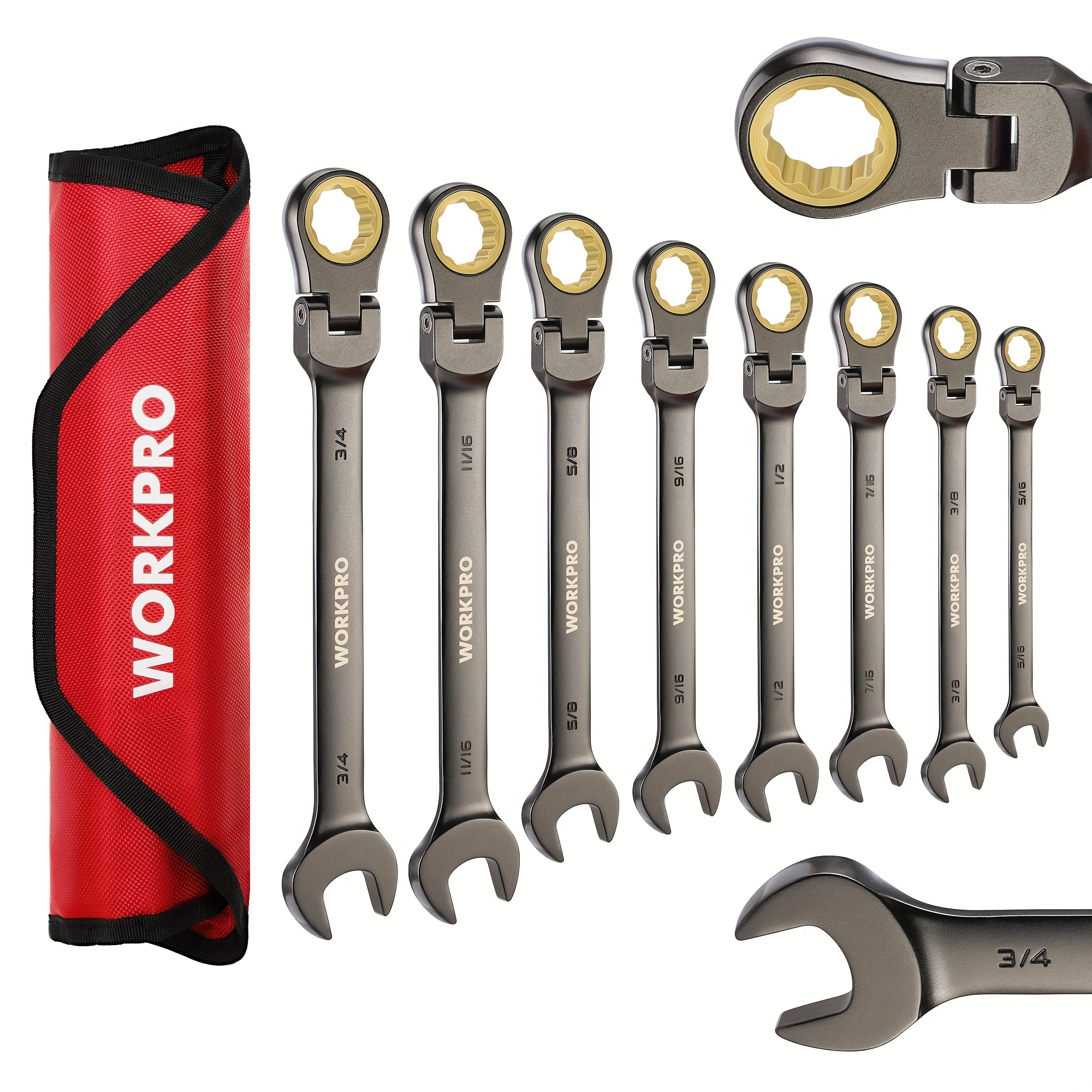 

Workpro 8pcs Flex-head Ratchet Wrench Set, Sae 5/16-3/4", 72-tooth, Cr-, Nickel With Organizer Bag, Combination Wrench, Plating