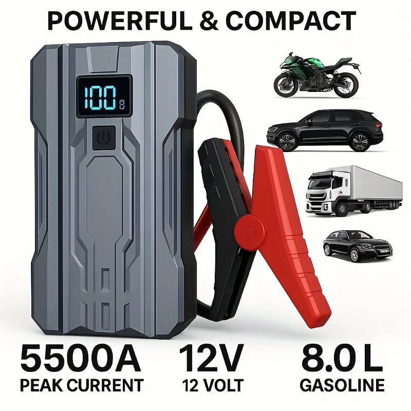 TEMU 5500a Car Battery Jump Starter (8.0l Gasoline/6.0l ) Portable Car Jump Pack/box, 12v Car Battery Jumper Starter With Safety Jumper Cables, Fast