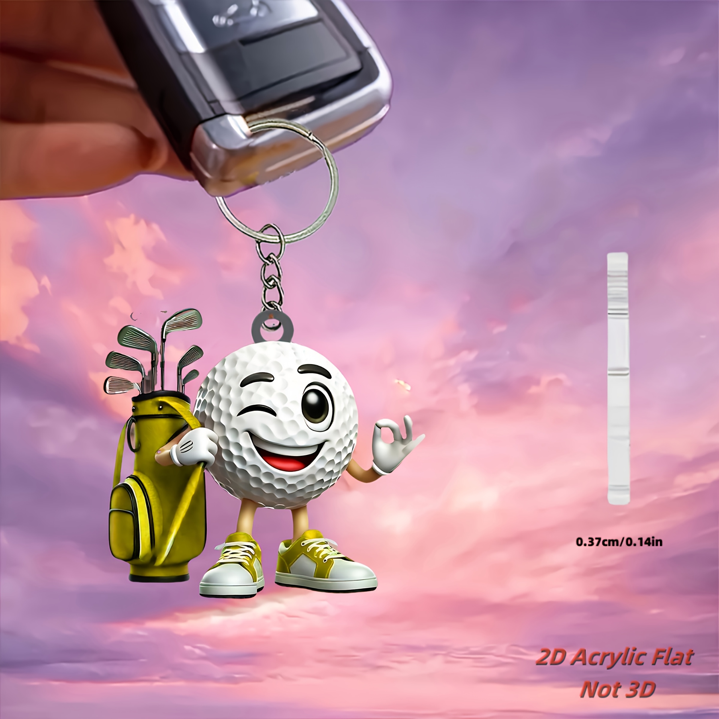 2d Flat, Golf-themed Acrylic Keychain - Cute Smiling Golf Ball & Club Charm, Lightweight Durable Yellow/white Swing Tag For &, Golf Course Accessory, Design Gift For Golf Fans (car Keys, Bag), 2d Flat