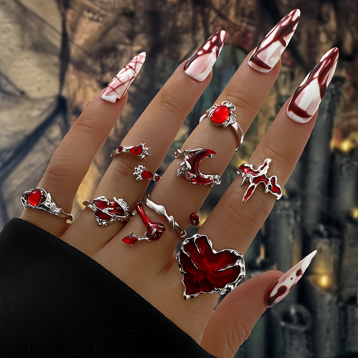 8pcs Set Alloy Drip-enamel Rhinestone Inlaid Stackable Ring Set, Vintage Elegant Fashion Gothic Dark Punk Red Drip-enamel Rhinestone Moon Heart Stackable Ring Set