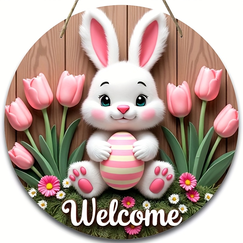 TEMU Easter Welcome Door Sign, Rabbit Decorative Wooden Round Wall Plaque, Spring Flower Welcome Front Door Sign, Cottage Porch Yard Hanging Sign