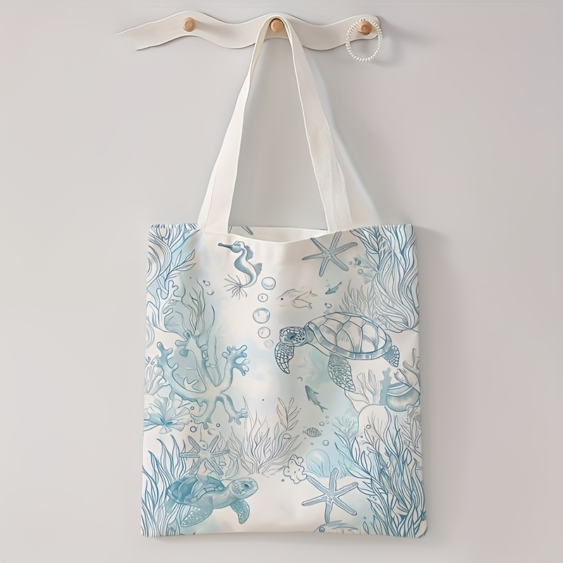 TEMU Large-capacity Tote Bag With Blue Underwater Pattern, Foldable, Suitable For Travel And Daily Commuting