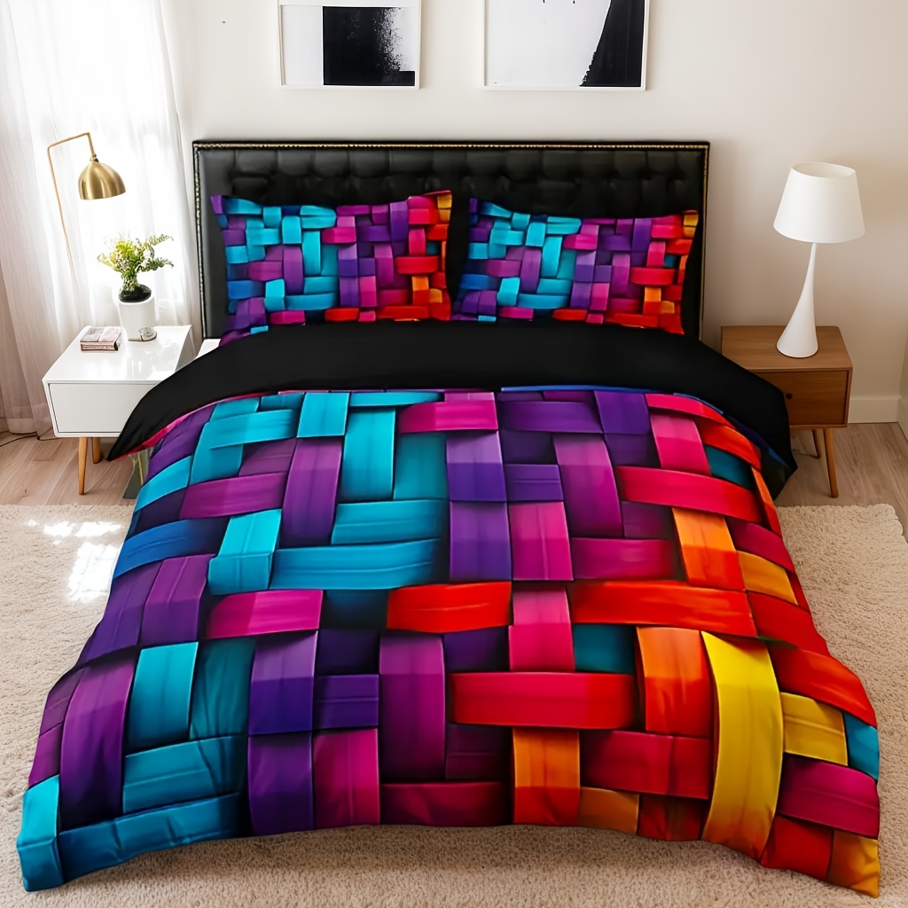 TEMU 3pcs Polyester Colorful Grid Print 3d Printed Duvet Cover Set, Modern Home Decor, Gift For - Soft And Comfortable Bedding For Bedroom And - 1