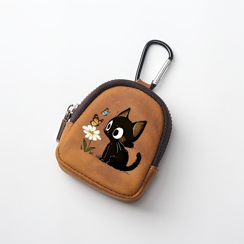TEMU Women Outdoor Pattern Pu Carabiner Retro Mini Coin Purse Keychain Headphone Wallet(2d Flat Printing)