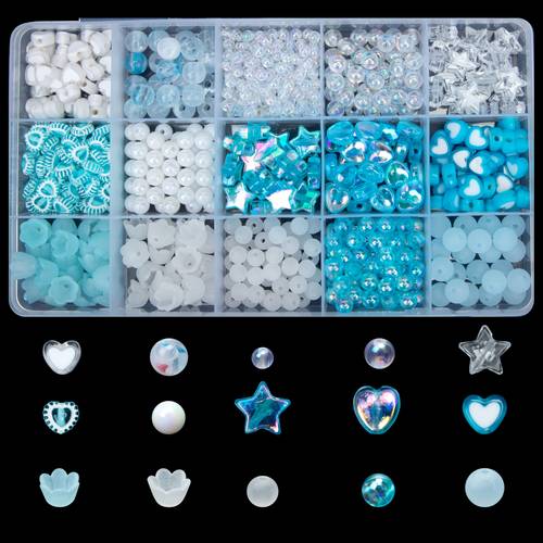 blue and white set compartments star heart and round beads as well as and flower charms used as a birthday gift for for making friendship bracelets or as a kit