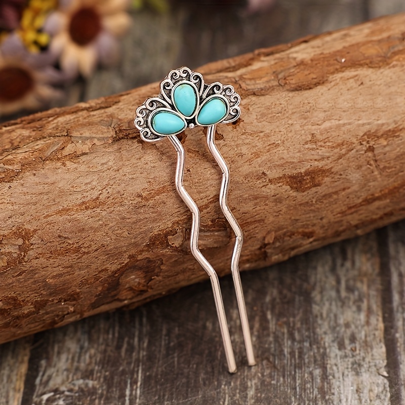 A New Ethnic Bohemian Floral Turquoise Inlaid Alloy Hairpin