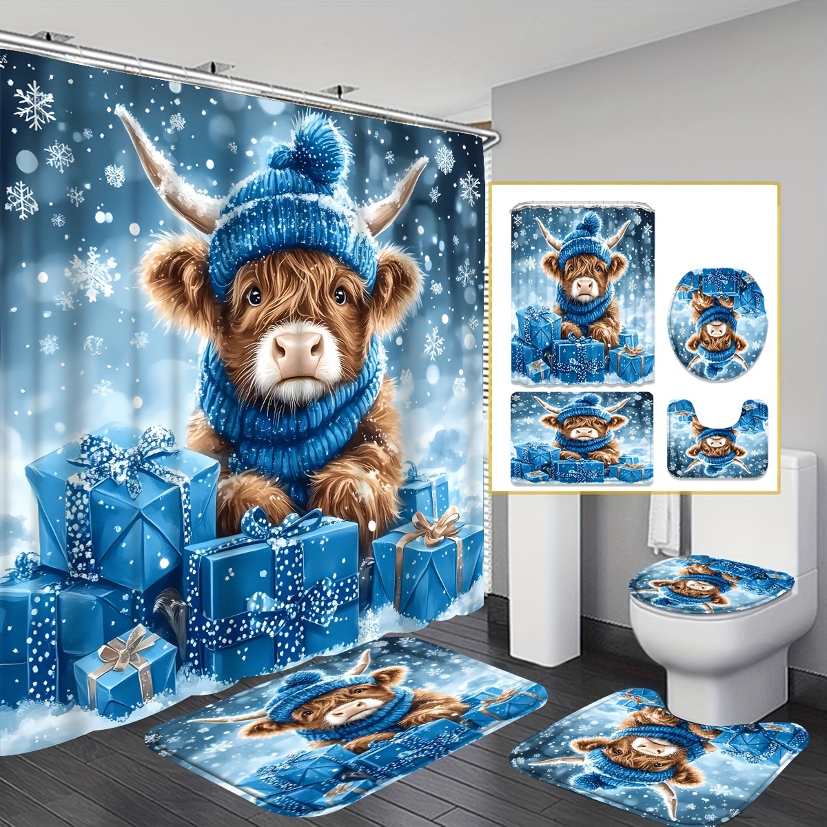 

1/4pcs Christmas Pattern Shower Curtain Set, Christmas , , , Decoration, Including Shower Curtain, Bath Mat, , Bathroom Rug And 12 Plastic