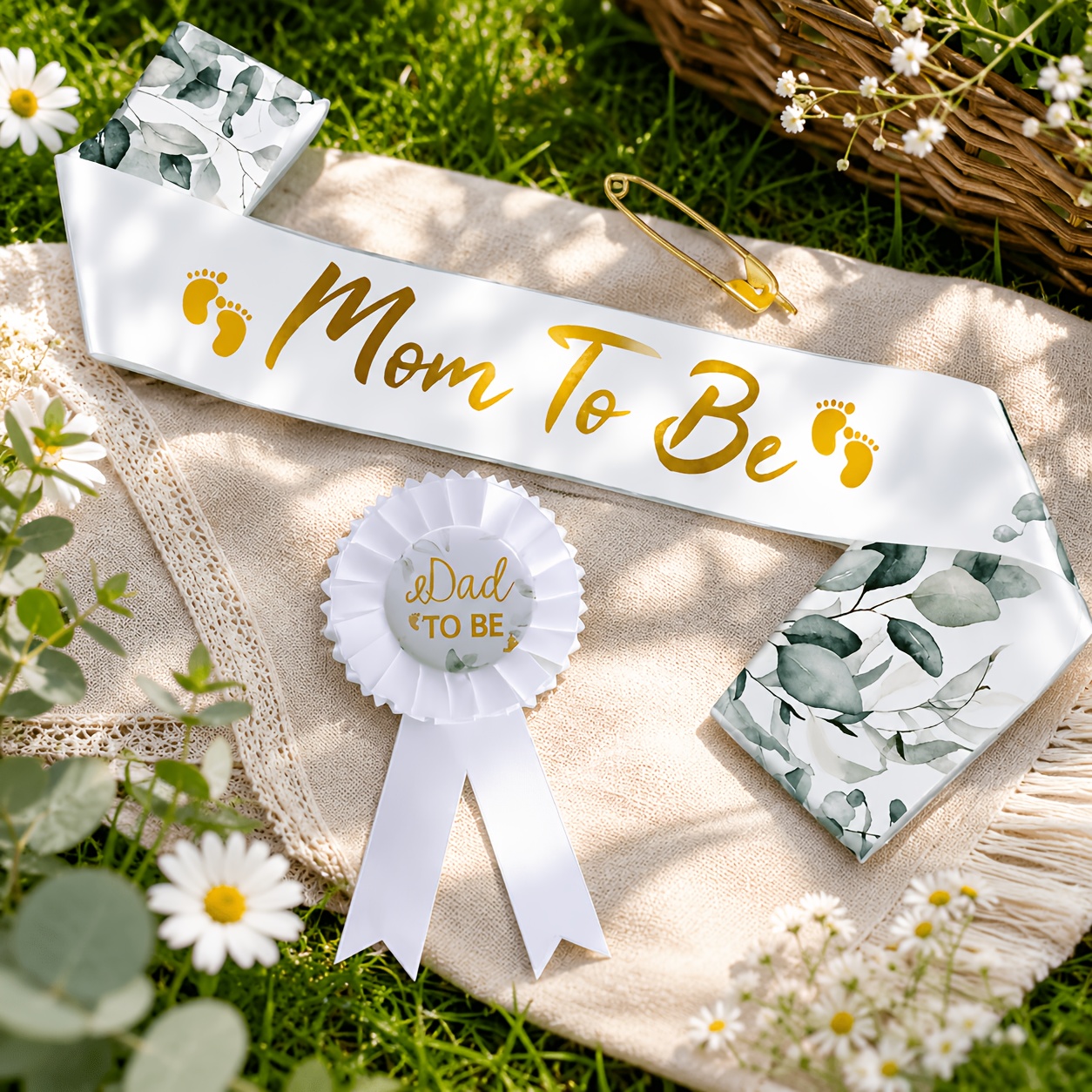 TEMU 2pcs 2pcs Mom To Be Sash & Dad To Be Pin - Gender Reveal Shower Outfits, Announcement Party Decorations With / Sash Suitable For Pregnancy
