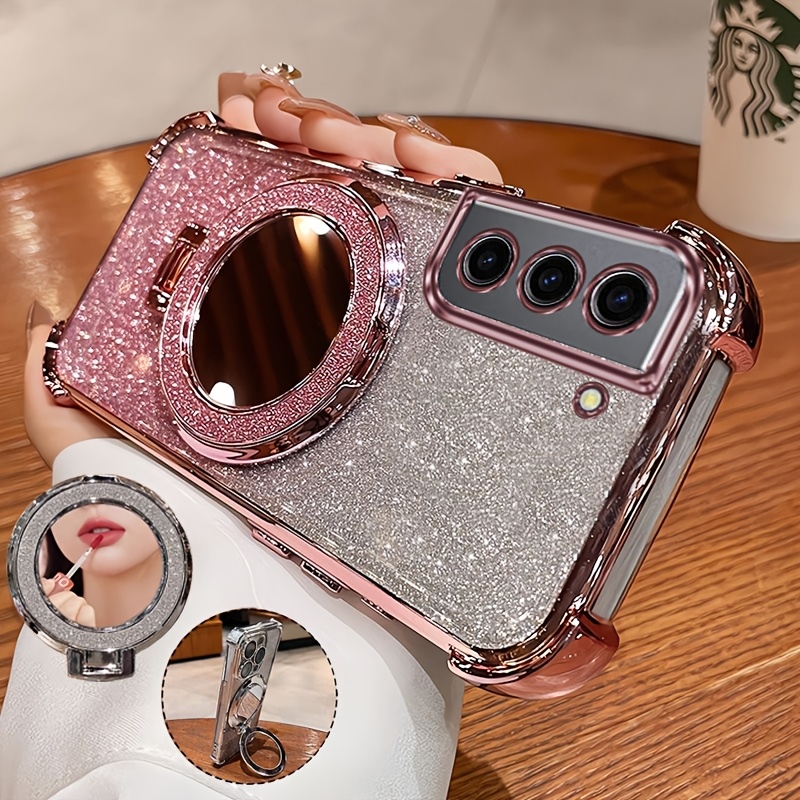 TEMU Phone Case - Fashion Glitter Plating Phone Case And Shiny Makeup Mirror Phone Holder Suitable For Galaxy S21 5g Shockproof And Scratch Resistant