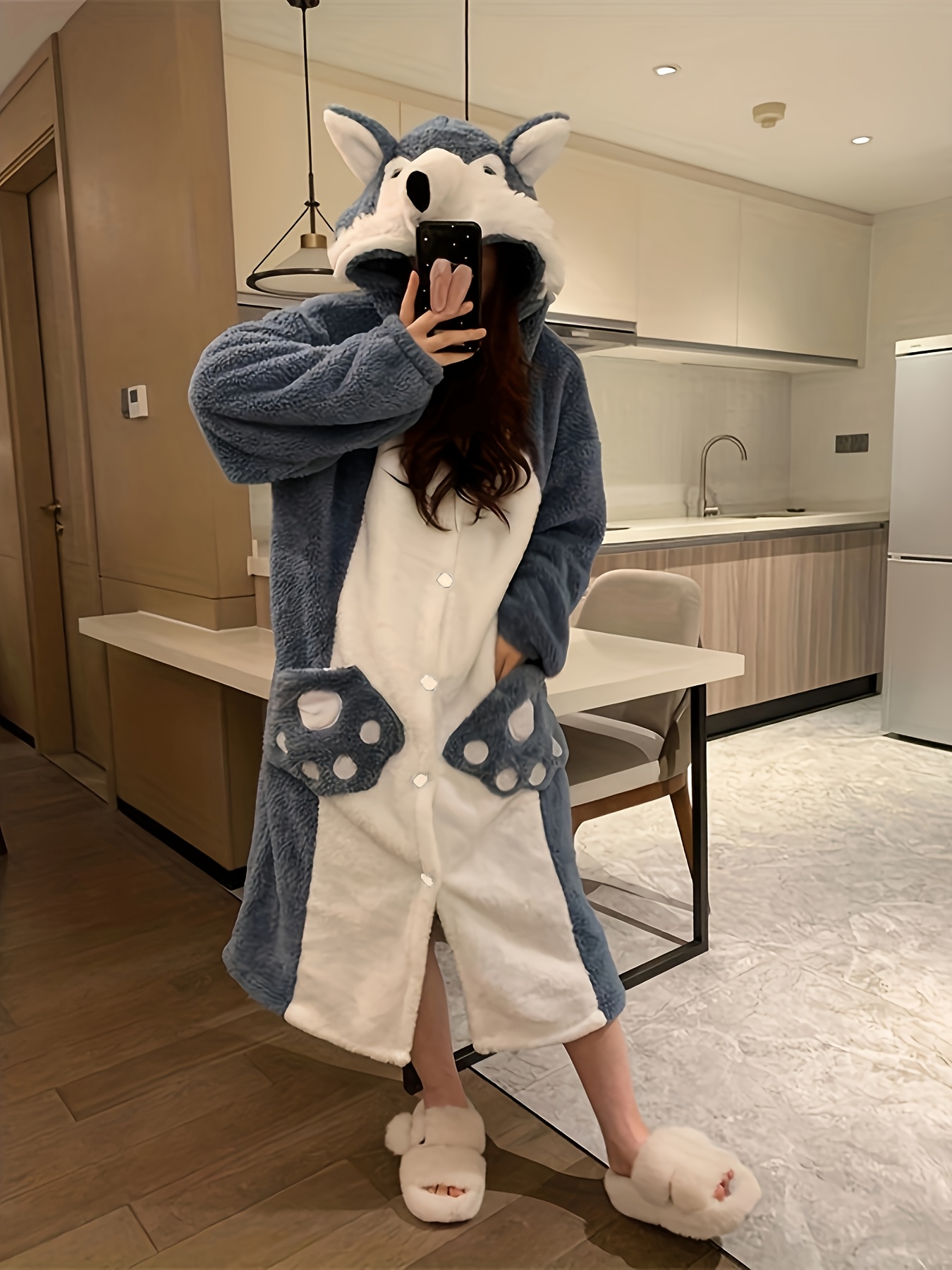grey wolf dresses Autumn and Winter Coral Big Gray Design -Lined Warm Sleep Robe, Long Sleeve Hooded for Halloween Carnival Cute Animal Costume Women's Dress she wolf costume