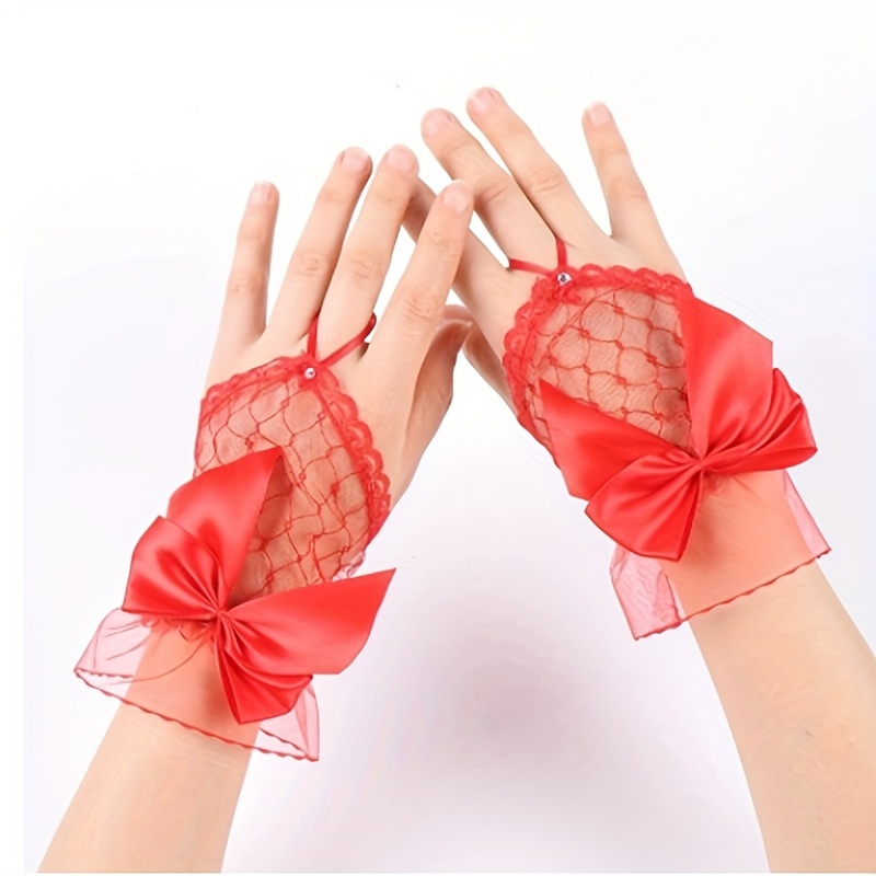 E-shop Ein Paar kurze Spitzenhandschuhe für Brautpaare, mit schwarzem Spitzen-Mesh, floralen Rändern und einer Schleife