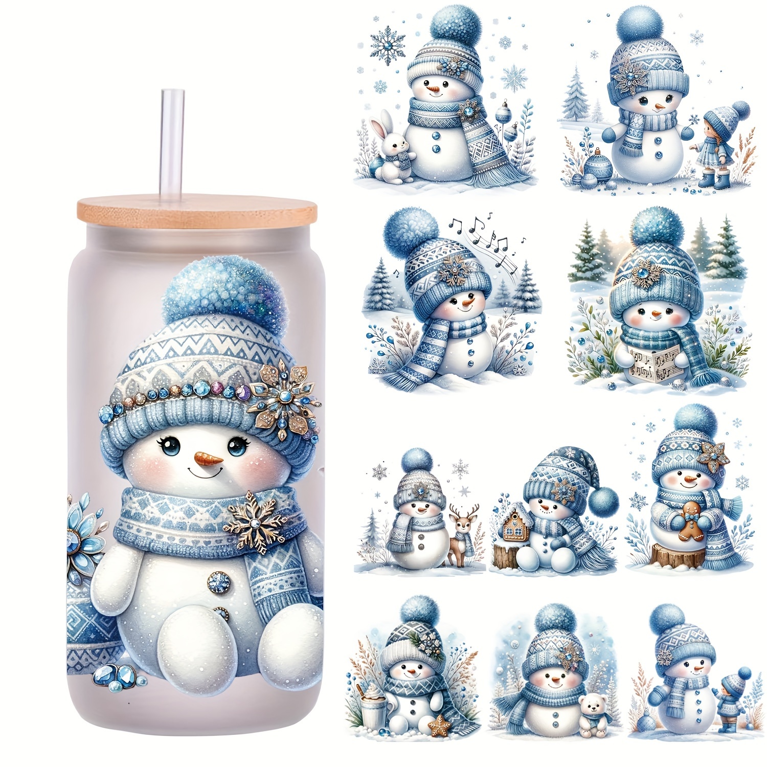 

5-piece Set Of Christmas Snowman Decorative Paper For 6oz Glass Jars, Uv Dtf Non-dry Adhesive For Mugs And Cup Embellishment