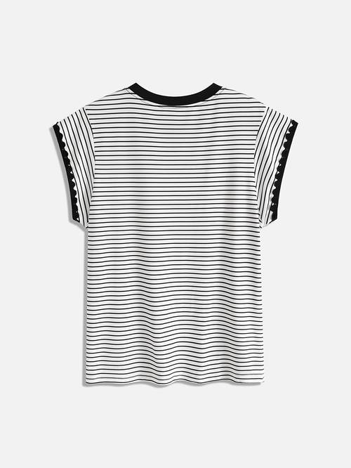 printed design not textured 1pc spring summer fashion casual trendy age reducing top all match round neck small flutter sleeves striped short sleeve all match age reducing trendy outfit style creative easy cherry pattern print