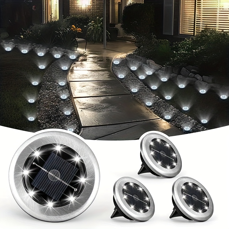 ip44 4   pack white light warm light outdoor solar in ground lights white light is as clear and bright as moonlight while warm light is as warm and romantic as a sunset 600mah nickel battery solar led stainless steel surface portable ground