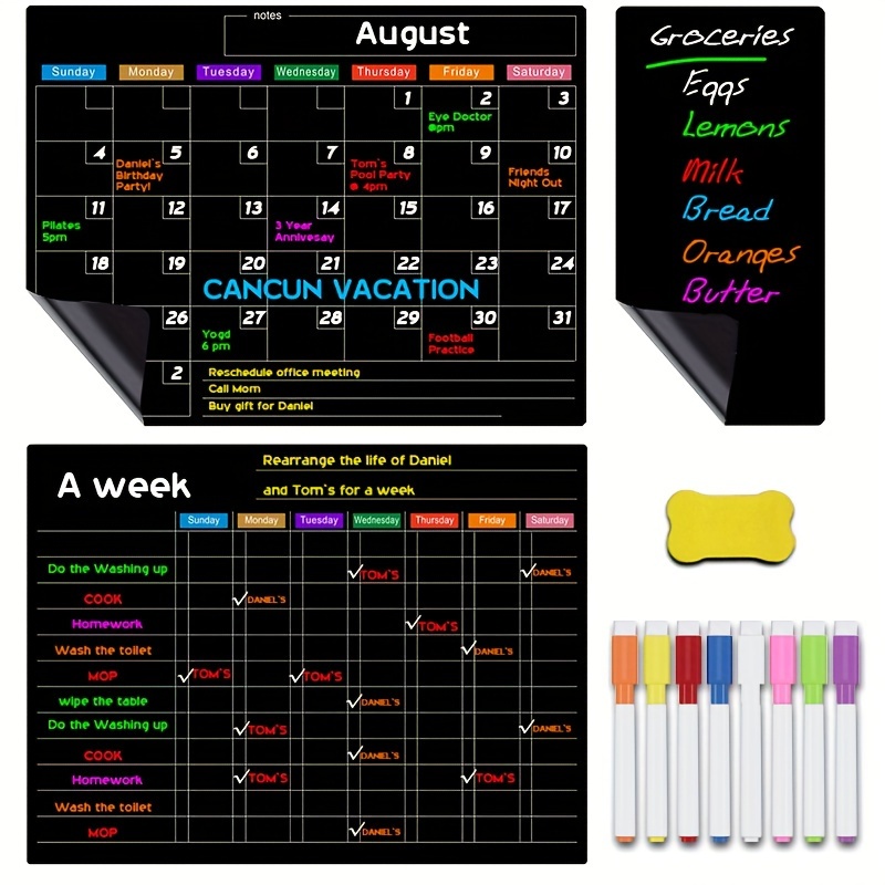 

Magnetic Dry Erase Calendar Blackboard For Fridge - Monthly Planner, Weekly Chore Chart, And Grocery List - Pet Material With Marker Pens And Eraser - Home Organization And Reminder Board Set.