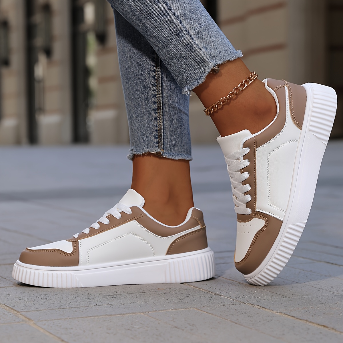 TEMU Sneakers, High-quality 2026 New Style Breathable Lightweight White Shoes With , Comfortable Flat Sole Women's Shoes, Versatile Women's Skate