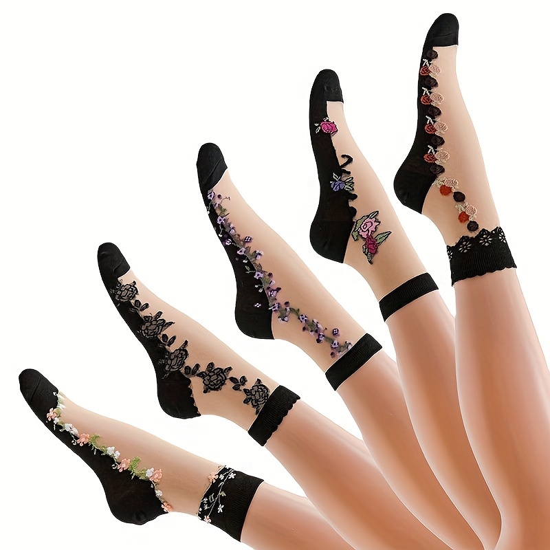 

5 Pairs Floral Crystal Glass Socks, Trendy Breathable Mid Tube Socks, Women's Stockings & Hosiery