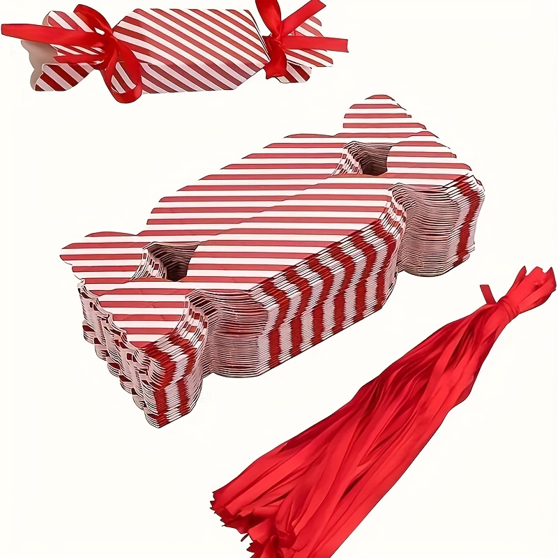 

30 Pack Red Striped Paper Candy Gift Boxes With Ribbons - Versatile Party Favor Boxes For Christmas, Weddings, Birthdays, Showers, Holidays, And Celebrations