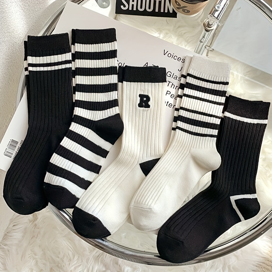

5pcs Elegant Striped Mid-calf Socks For Women - Breathable Polyester & Spandex , Hand-washable, Fashion- Knit Style, Casual Wear