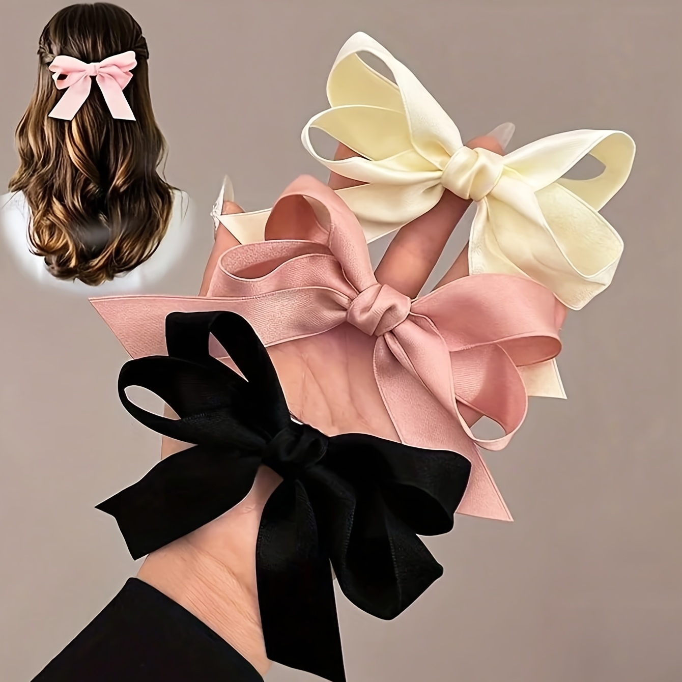 TEMU 3-pack Sweet Fashion Bow Hair Clips In Beige, Pink, Black | Cute Polyester Fabric Hair Accessories For Women And, Suitable For Casual Daily Wear