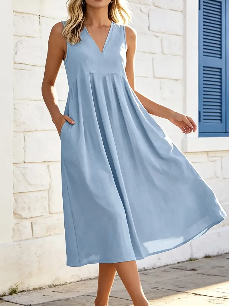 summer v neck dresses Land V-Neckline Midi Dress Blue Length 35.04 in Clearans 4th of July Dresses