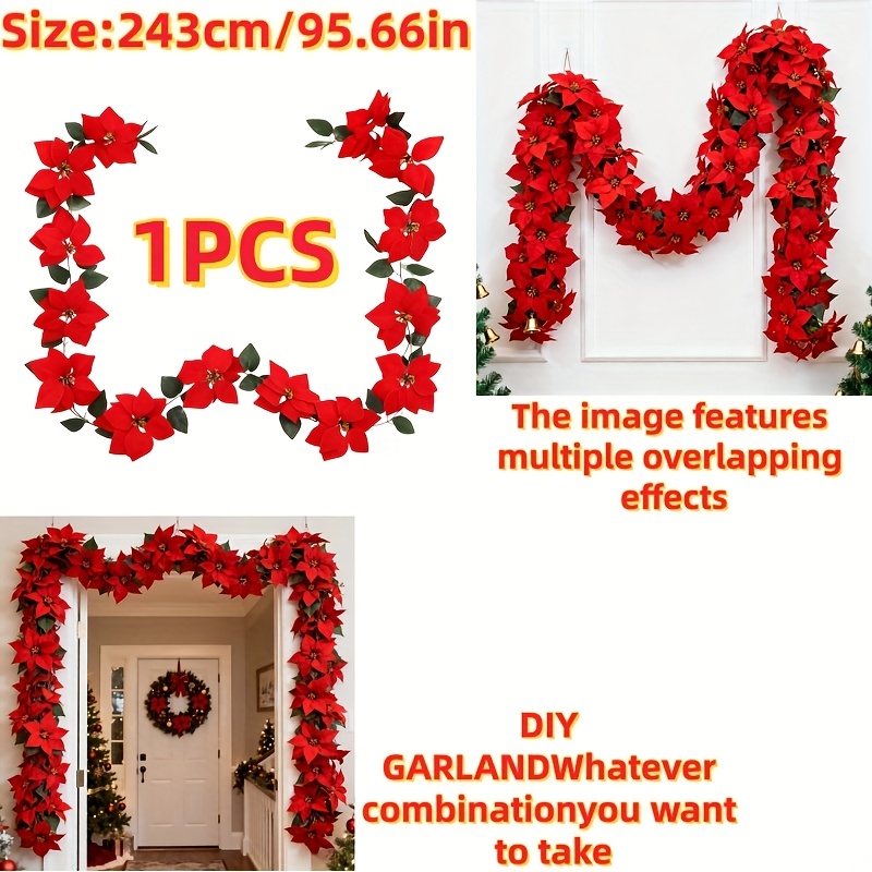 1pc Large Outdoor Simulation Poinsettia Christmas Simulated Ivy Vine - 95.66-inch Luxurious Large Artificial Christmas Ivy Garland, Suitable For Walls, Fences, Closets, , , Staircases