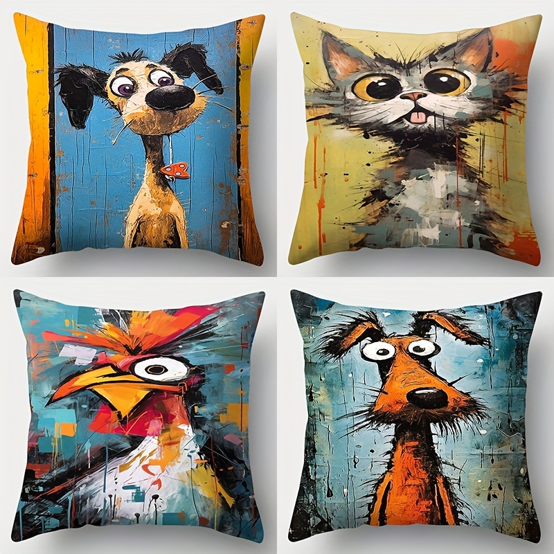 

4pcs, Cute Animal Throw Pillow Covers, Contemporary Style, Vibrant Polyester Dog, Cat, Chicken Art Cushions, 17.7x17.7 Inch, Decorative Pillowcases For Home, Bedroom, Living Room Without Inserts