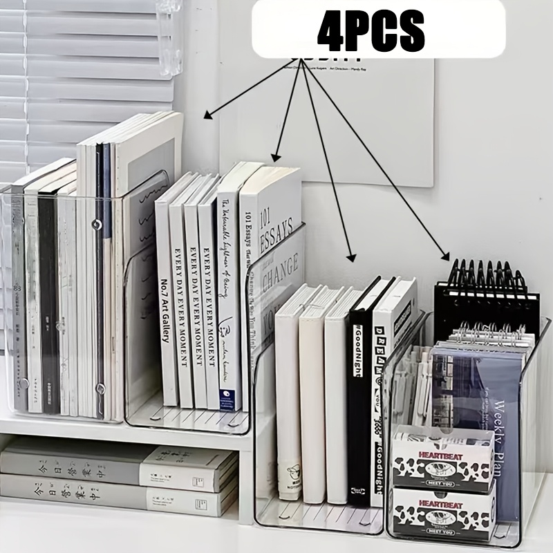 TEMU 2/4pcs Organisateur de fichiers de papeterie de bureau transparent, étagère à livres pour documents de bureau et étudiants, support à livres