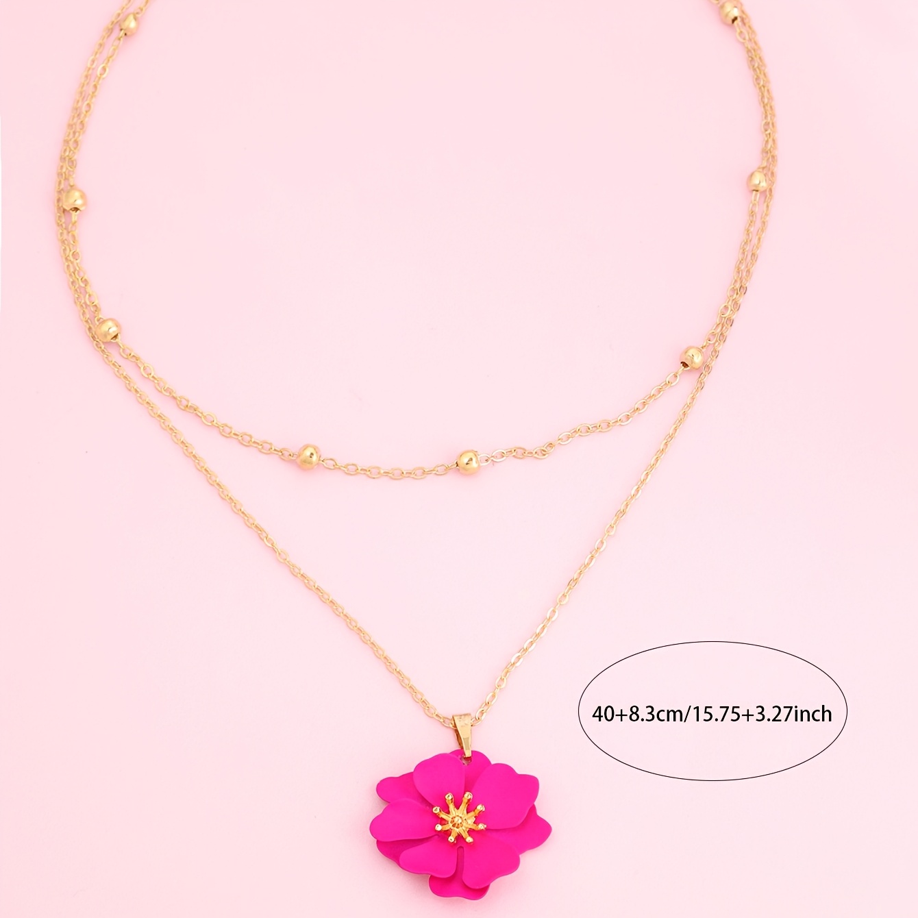 Women's Double Layer Flower Pendant Necklace with Rose Red Charm