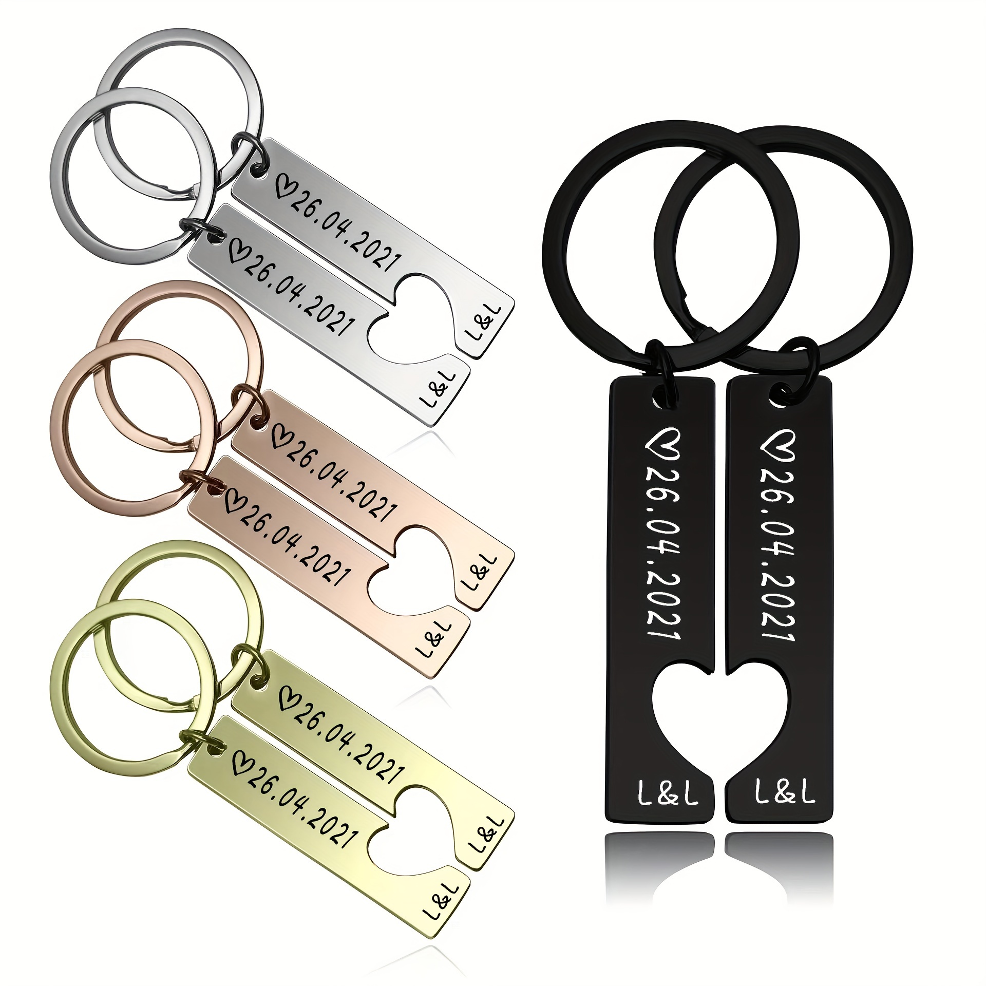 

1 Pair Custom Engraved Durable Stylish Stainless Steel Keychains, Personalized Funky Style Couples Key Rings With Date, Ideal Gift For Anniversary, Birthday