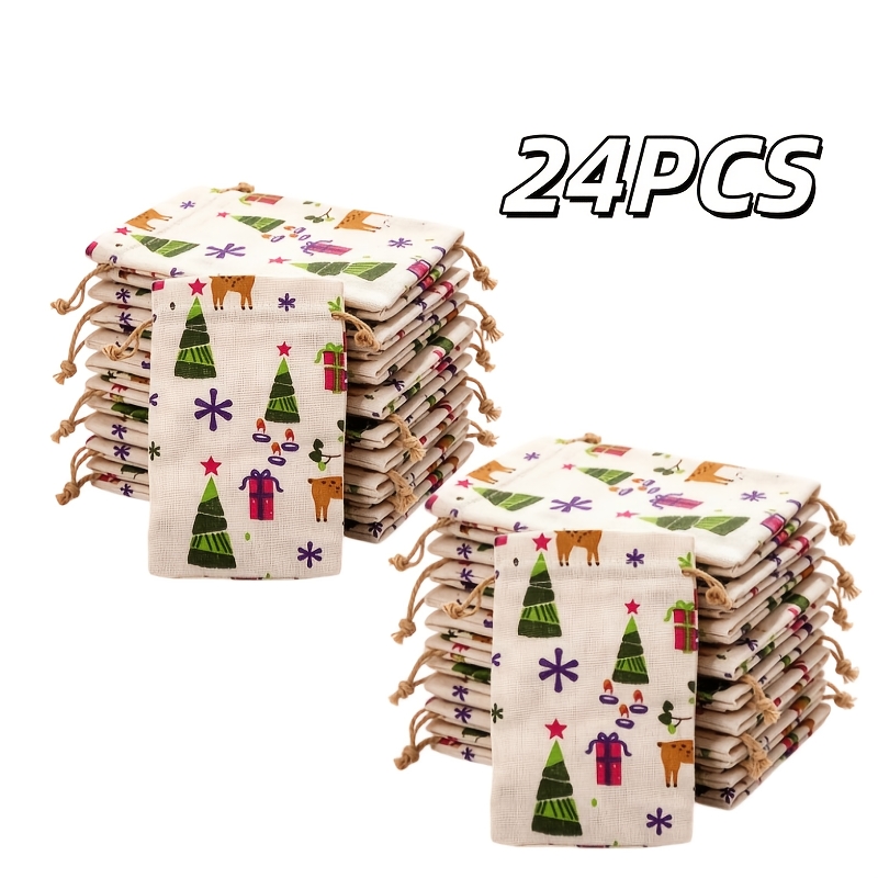 Christmas Drawstring Gift Bags with Vintage Tree & Reindeer Print