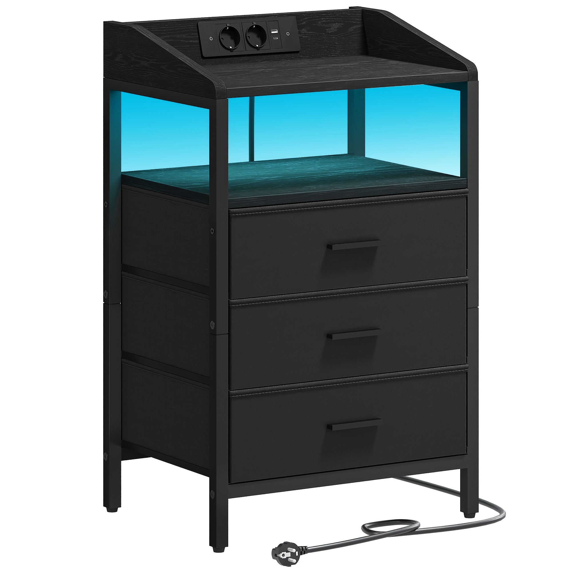 Bedside Table With Led Lights And Charging Station, Side Table With 3 Fabric Drawers And Shelves With Usb Ports & Sockets For Bedroom, Living Room, White/, Suitable For Storage In Living Rooms