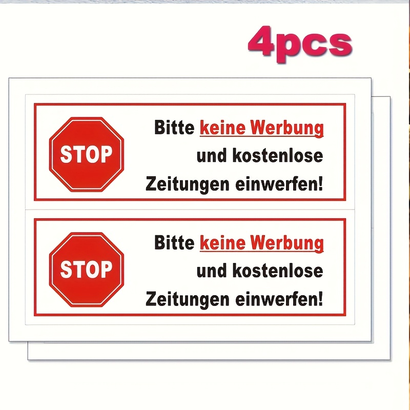 TEMU 4pcs German Text Mailbox Stickers - "no Advertising Flyers" Pvc Vinyl Decals, Glossy Weather-resistant Adhesive Labels For Mailboxes, Newspaper