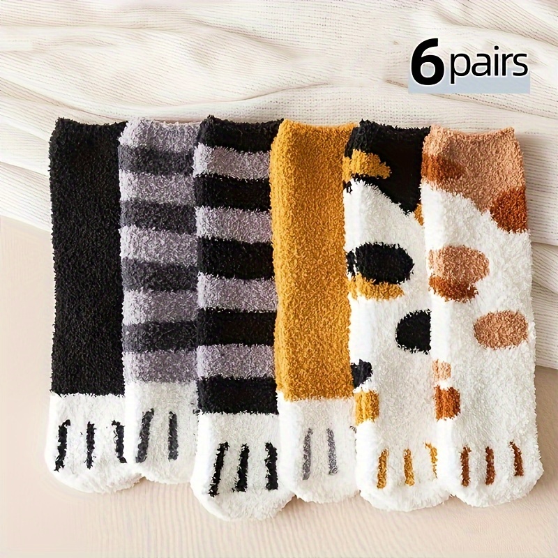 

6 Pairs Cozy Fuzzy Cat Paw Slipper Socks For Women, Cute Animal Pattern Polyester Knit Fabric With Stretch, Machine Washable Warm Novelty Christmas Gift Socks In Assorted Designs