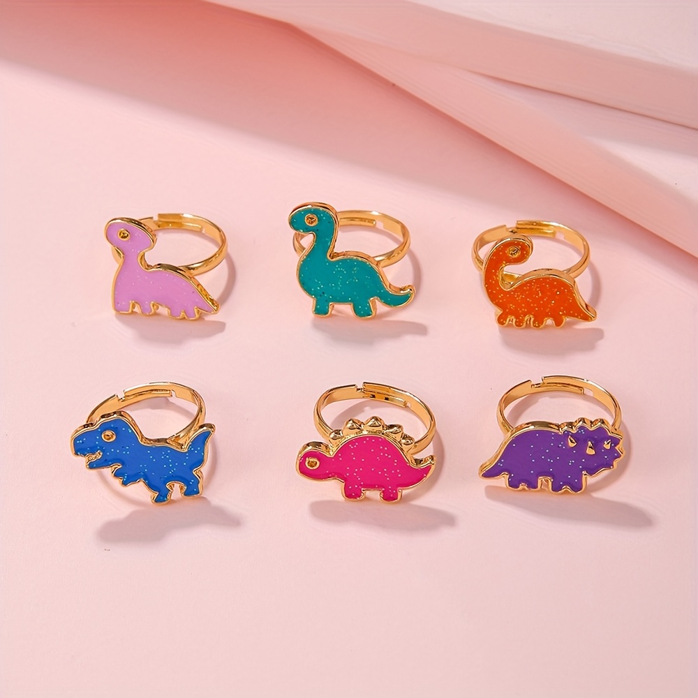 E-shop 6-teiliges niedliches Dinosaurier-Ring-Öltropfen-Set, verstellbarer Öffnungsring, , beste Freundin, BFF-Zubehör, Innovation, Neuheit, , Partys,