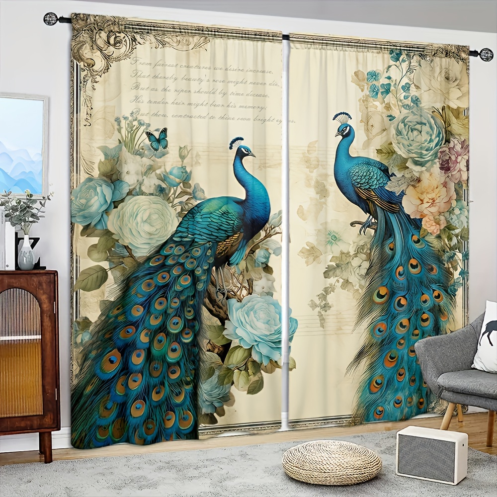 

2pcs Peacock Style Printed Curtain For Home Decor Rod Pocket Window Treatment For Bedroom, Office, Kitchen, Living Room, And Study