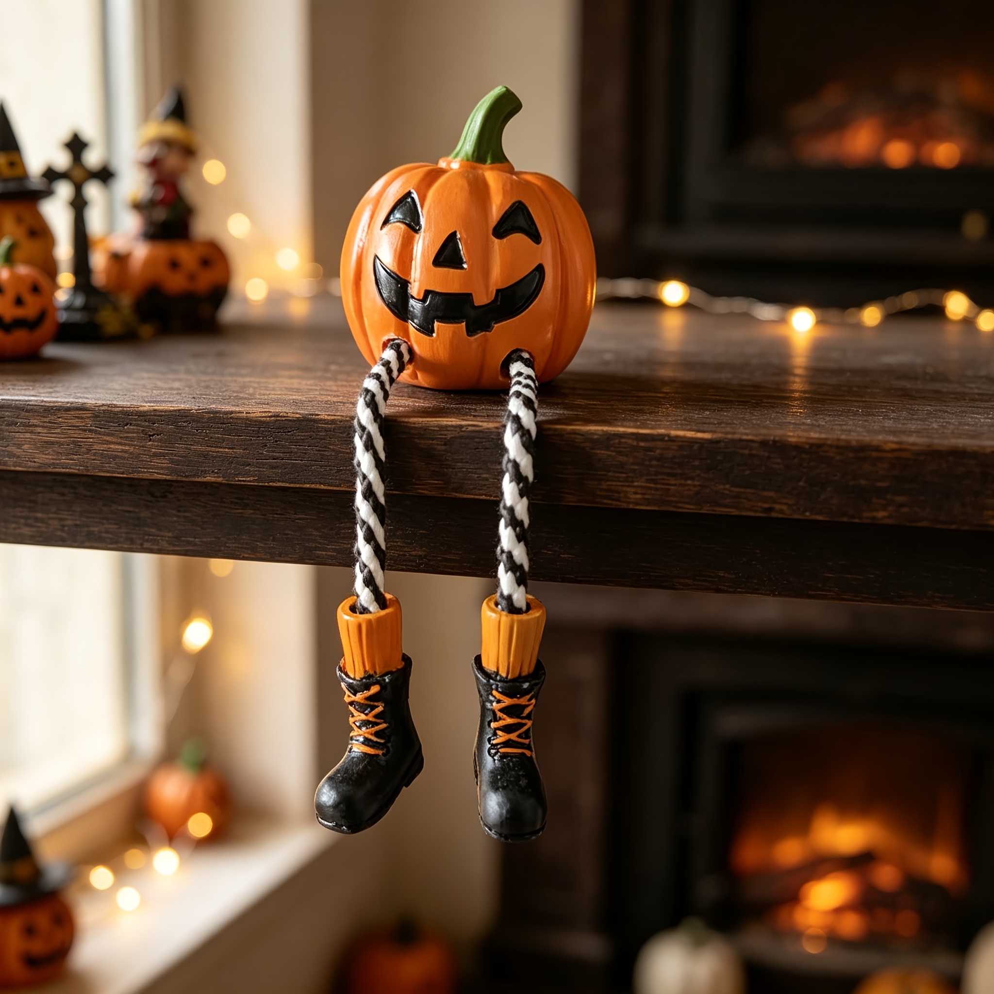 TEMU Halloween Pumpkin Shelf Decoration, -o'-lantern Statue With Hanging Rope Legs And Black Holiday Decorative Collectible Gift Boots, And Spooky