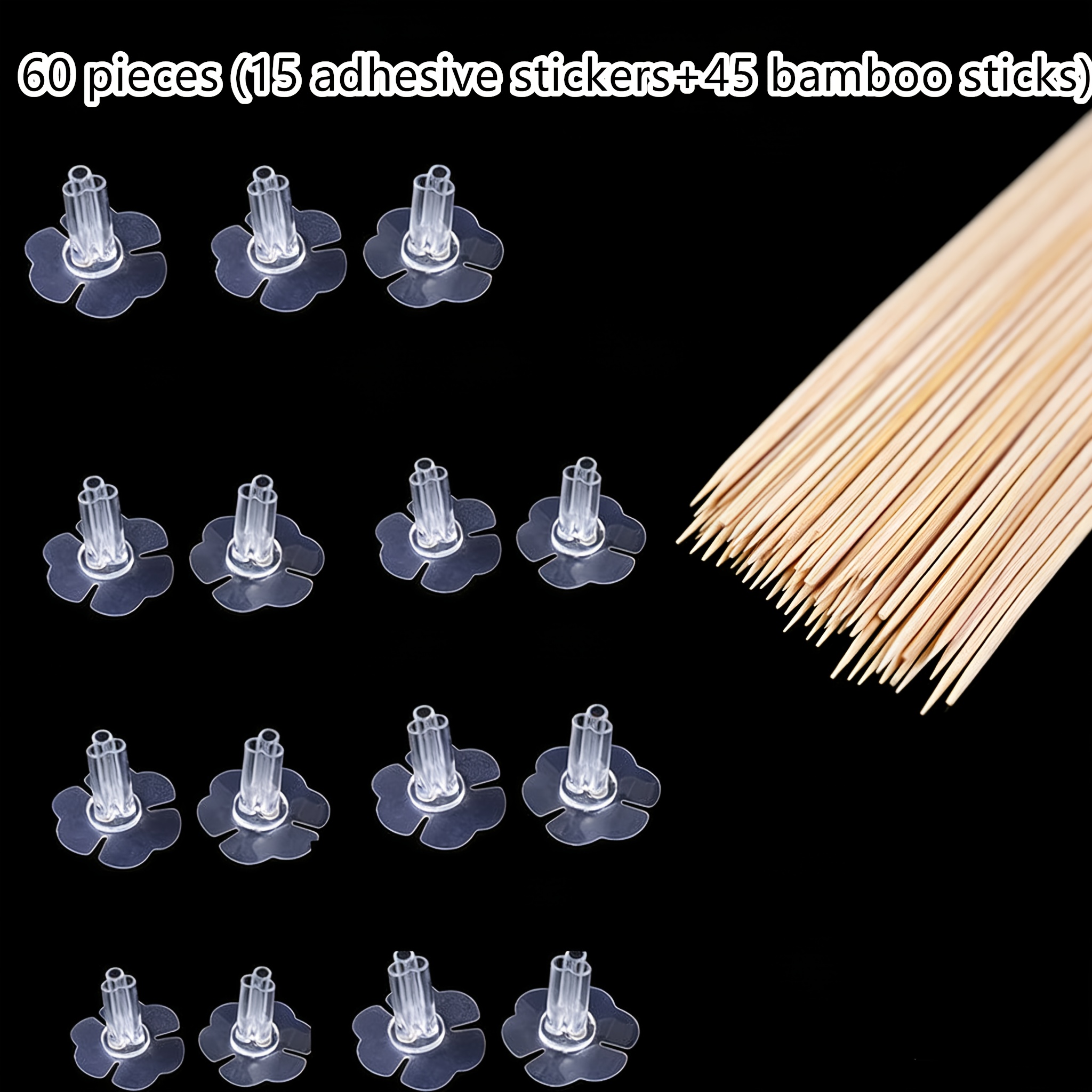 E-shop 60 Stück transparente Blumenstraußhalter mit 3-Loch-Design (inkl. 15 Klebehalter + 45 Bambusstäbe) – Hochwertige, langlebige Kunststoffschalen