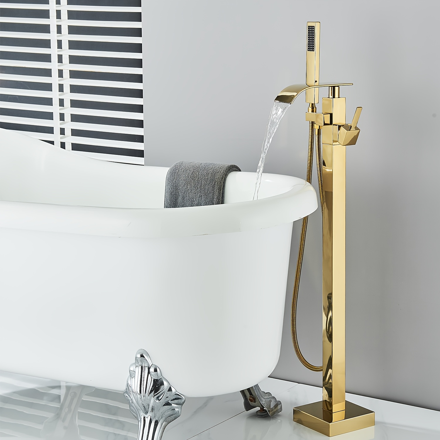 Image of Golden/black Bathtub Filler, Freestanding Bathtub Filler, Floor Mounted Bathtub Faucet, Brass Waterfall Bathtub Faucet With Handheld Shower Head