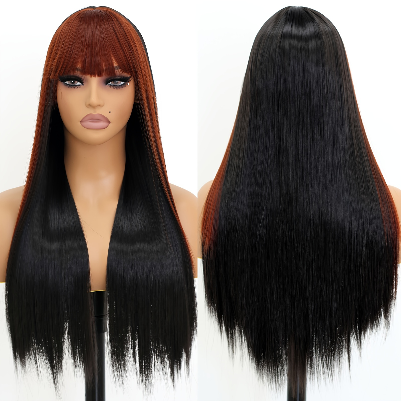 long straight wigs bangs brown Temu