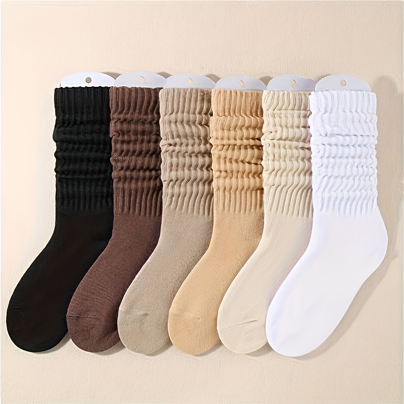 TEMU 6 Pairs Women's Knit Calf Socks - Polyester 95%, Elastane 5% - Solid Color, Warm & Comfortable Tube Socks For Autumn And Winter - Hand Washable,