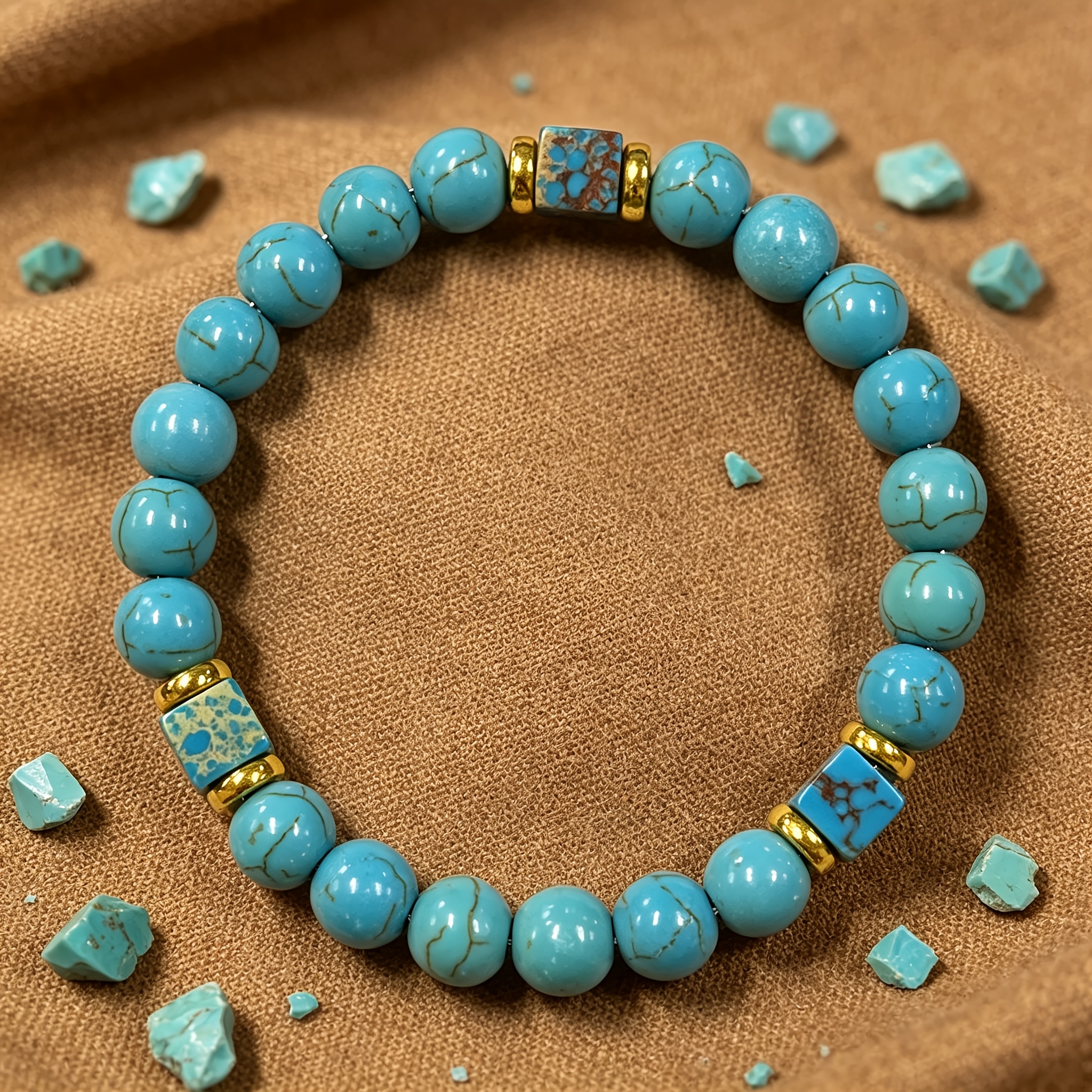 TEMU 1pc Natural Turquoise Round Bead Square Spacer Bracelet, Guardian For And Communication Wisdom, Bohemian Style Unisex Fashion Retro Bracelet,