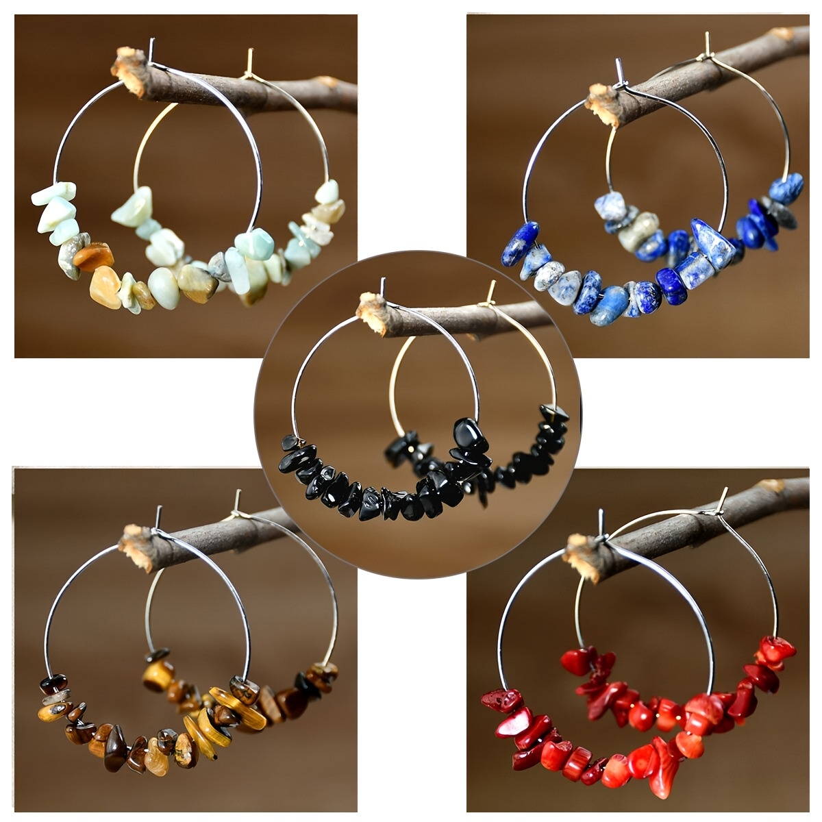 5pcs Boho Stone Earrings Set Amethyst Rose Quartz Mixed Gems Crystal Hoops