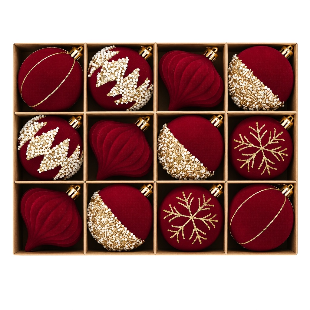 TEMU 12 adornos de navidad de terciopelo de 60 mm | Decoraciones navideñas | Adornos de bolas navideñas con , juego de bolas flocadas colgantes para