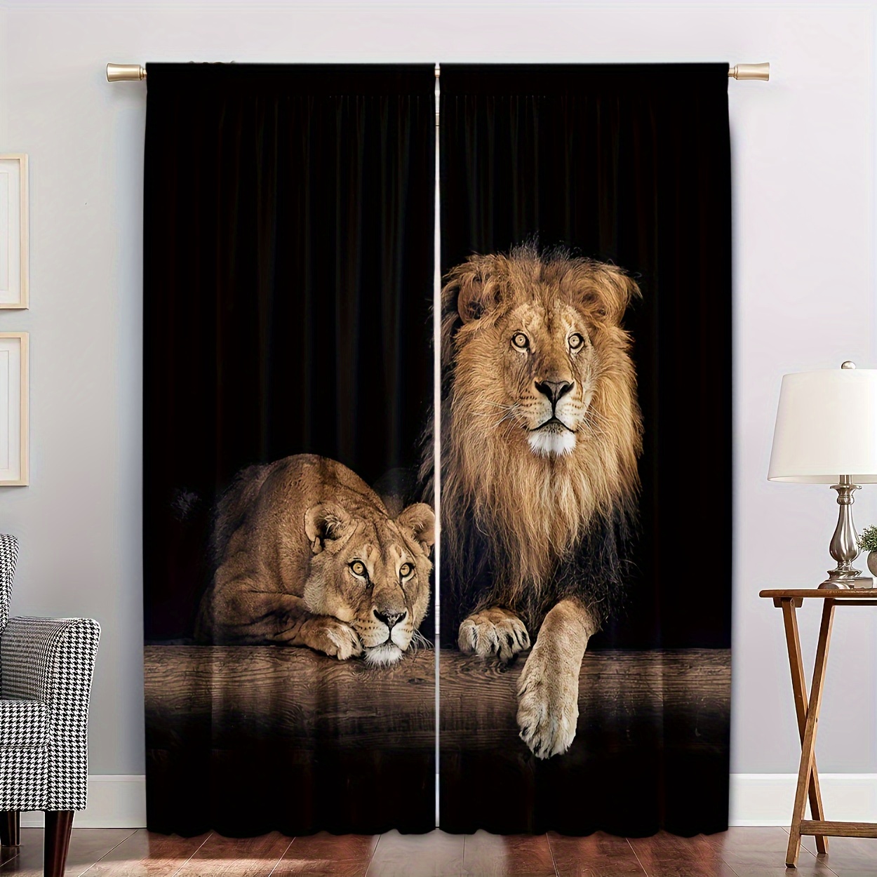 

2pcs Set Of Lion Print Curtains - Vibrant Animal Design, Rod Pocket, Fade-resistant, Machine Washable - Ideal For Living Room, Kitchen, Cafe, Garden Decor