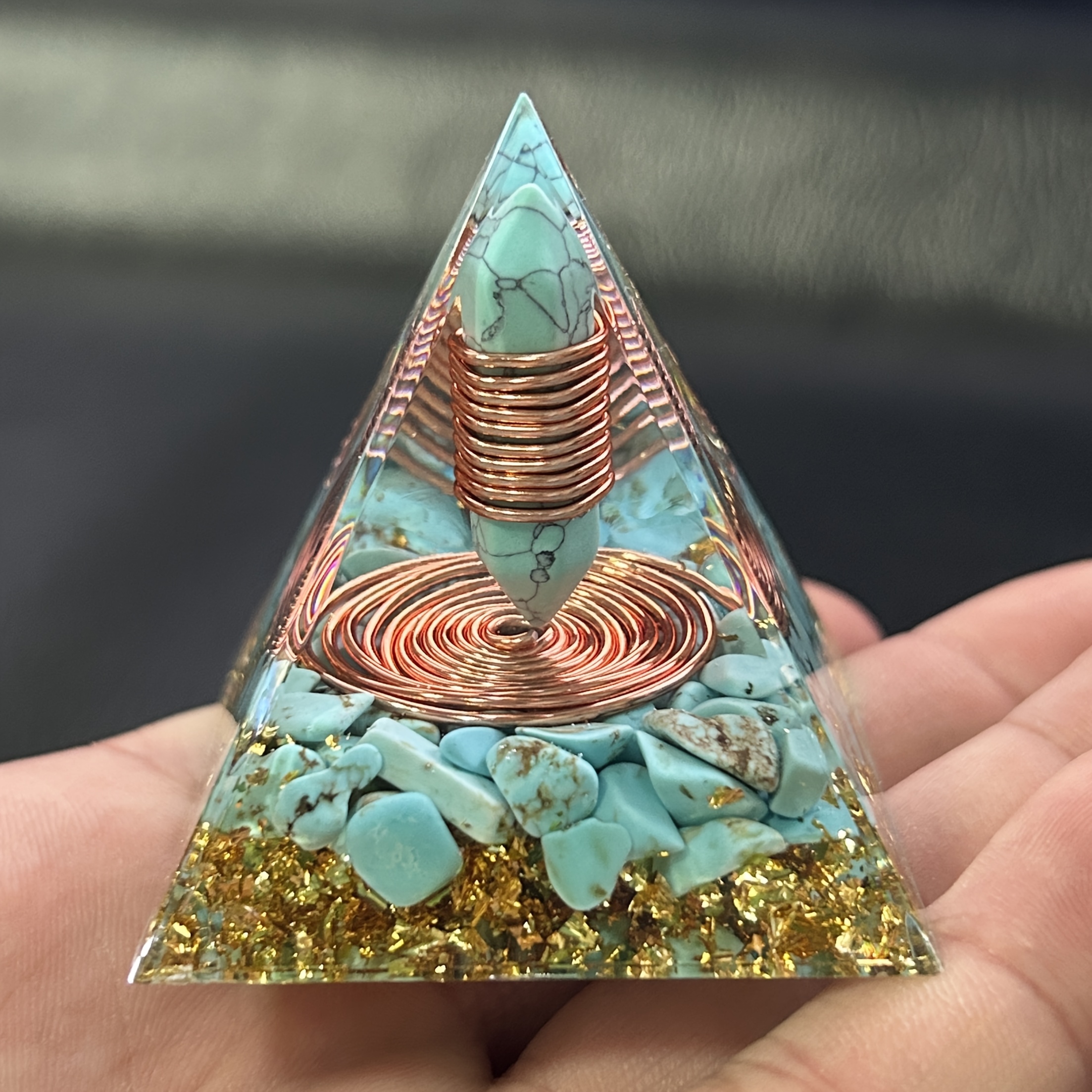 1pc Turquoise Copper Wire Orgonite Pyramid, With Pillar And Copper Wire In , Home Decoration Ornament, Holiday Gift